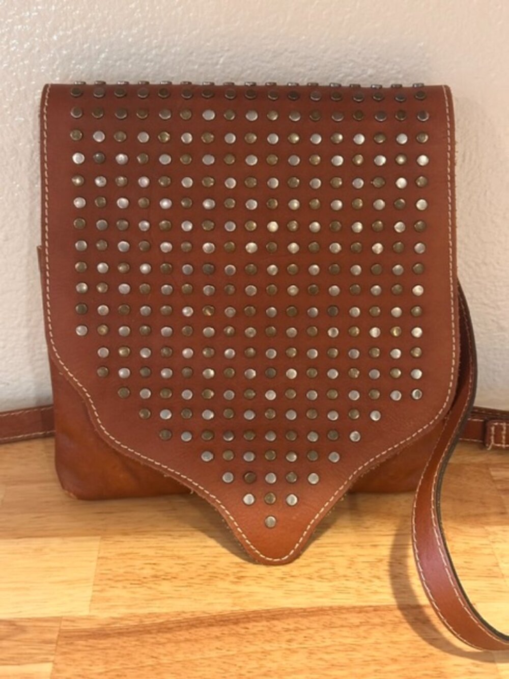 Patricia Nash | Italian Leather Studded Saddle Brown Crossbody Bag